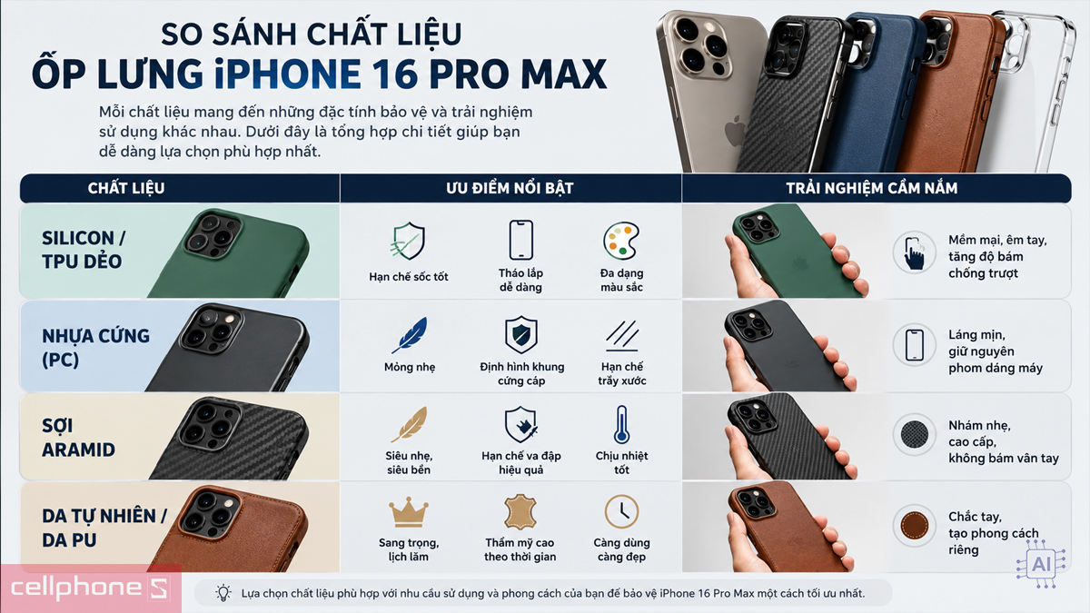 Ốp lưng iPhone 16 Pro Max đa dạng chất liệu và cảm giác cầm