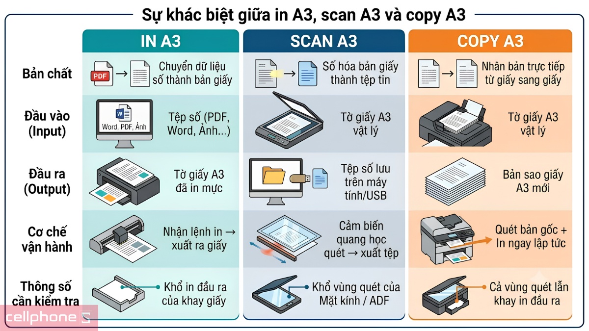 Máy in A3 với sự khác biệt giữa tính năng in, scan và copy