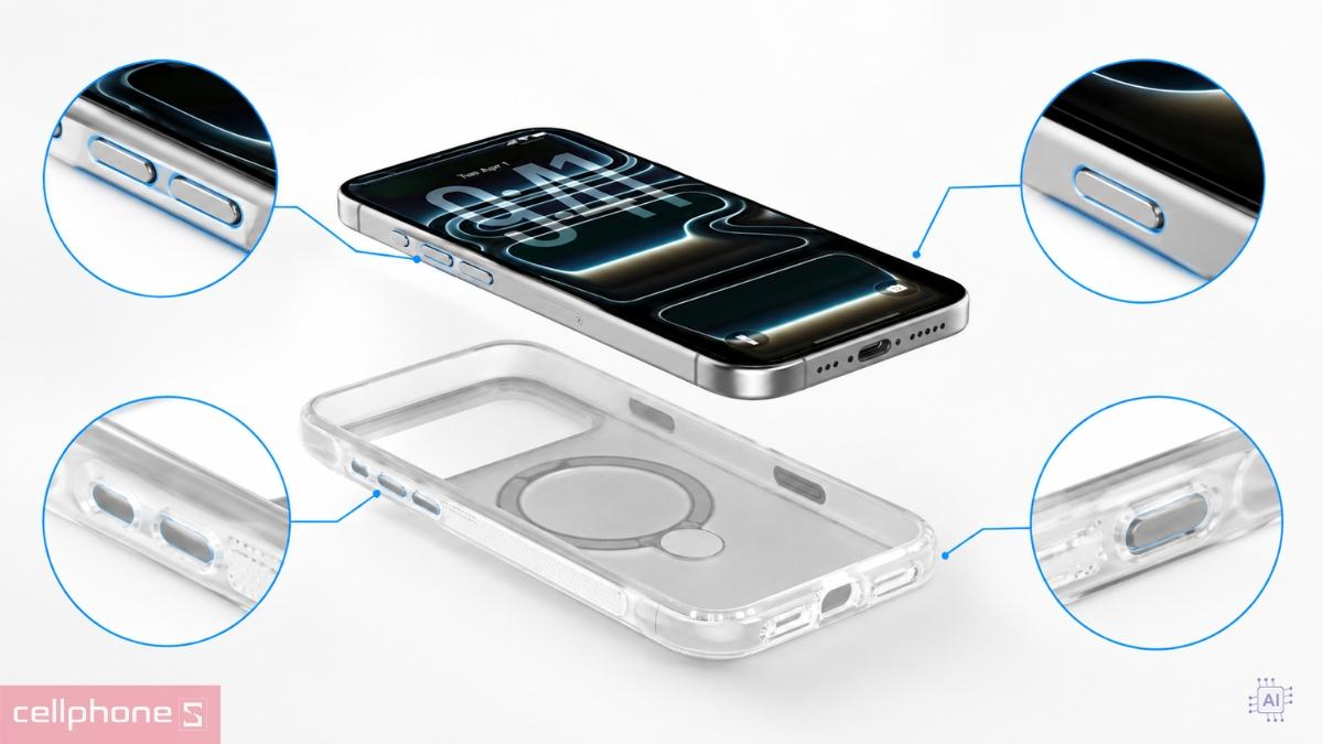 Các chi tiết của ốp lưng iPhone 18 Pro Max17 Pro Max Mipow Airex Stand with Magsafe khoét chuẩn 1:1 cho việc thao tác với nút bấm thuận tiện hơn