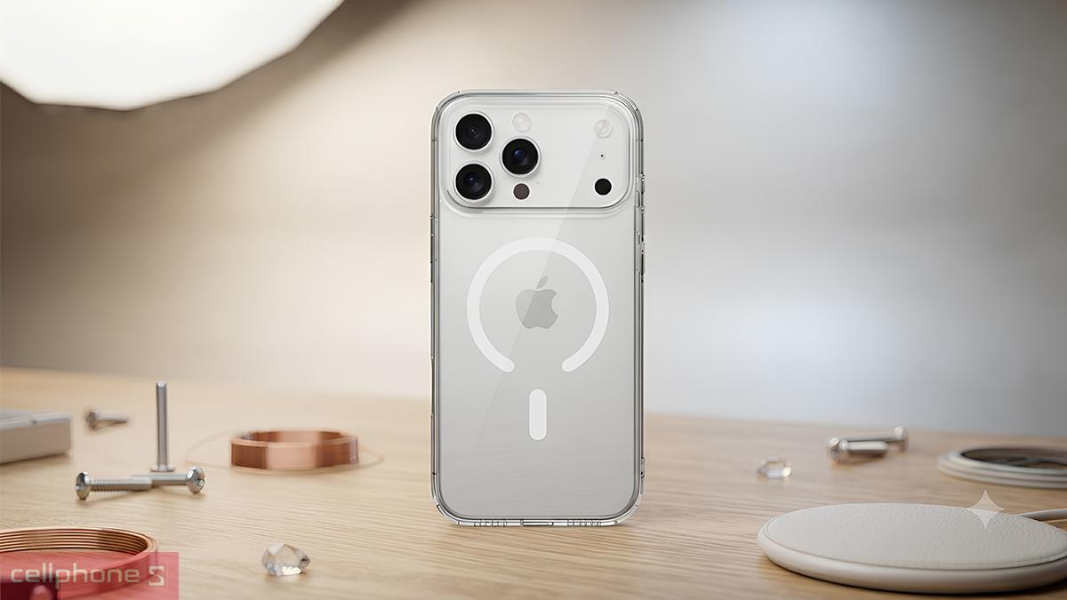 Bề mặt ốp lưng iPhone 18 Pro Max17 Pro Max Mipow Button Control Tempered Glass With Magsafe Transparent ít ố vàng theo thời gian nhờ lớp phủ AF Nano