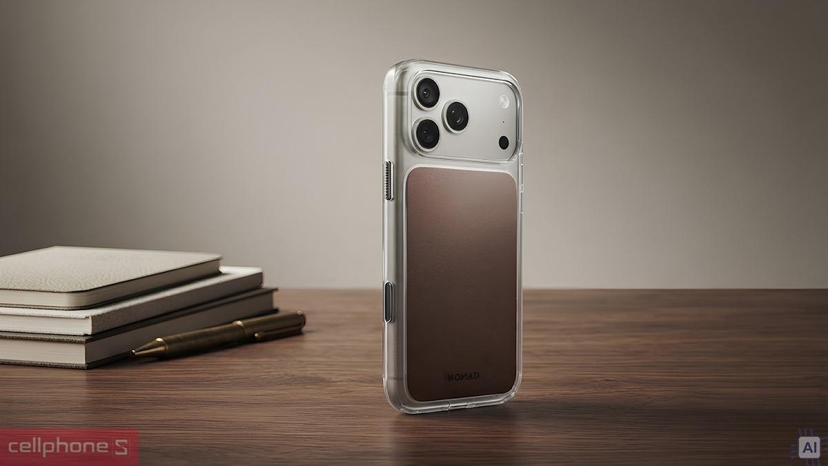 Nút bấm trên ốp lưng iPhone 18 Pro Max17 Pro Max Nomad Clear Leather Horween Rustic làm từ nhôm anodized, phản hồi nhạy