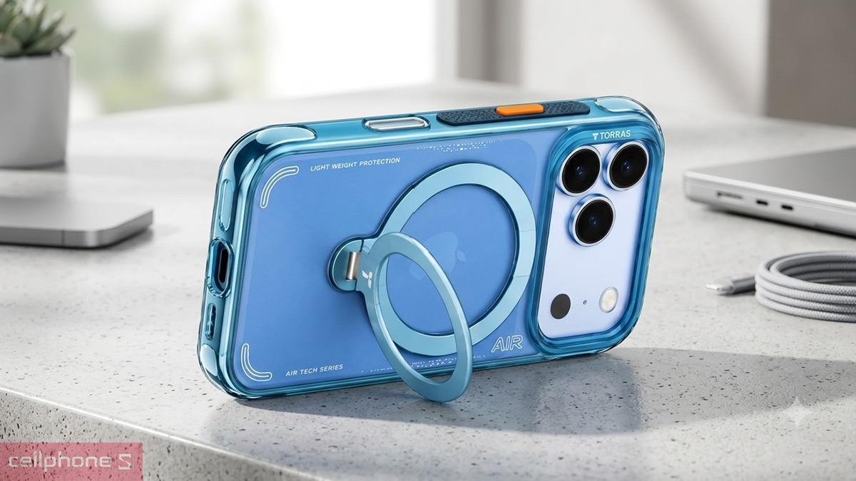 Giá đỡ của ốp lưng iPhone 18 Pro Max/17 Pro Max Torras Q3 Air With MagSafe có khả năng xoay 360°, gập 0 đến 180°