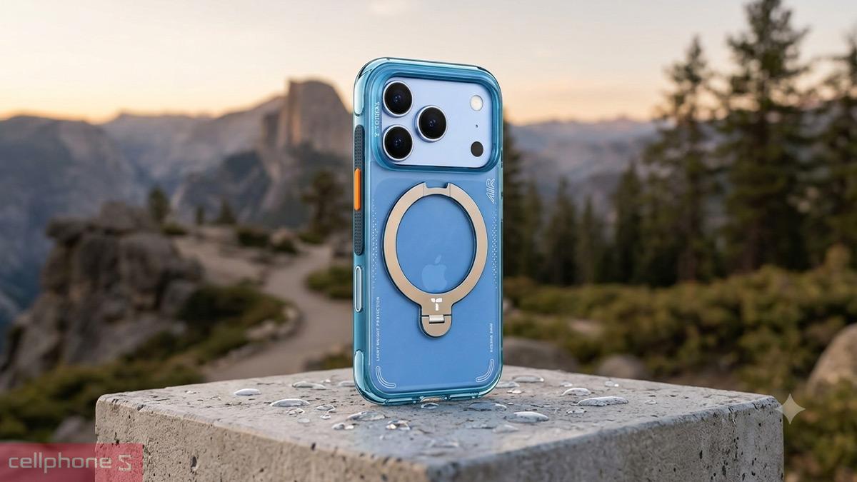 Ốp lưng iPhone 18 Pro Max/17 Pro Max Torras Q3 Air With MagSafe có hai màu xanh dương và tím, thân ốp phối đồng màu với giá đỡ