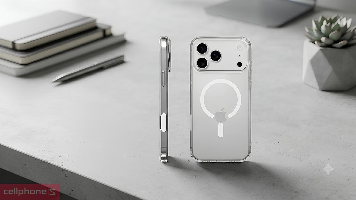 Ốp lưng iPhone 18 Pro17 Pro Mipow Button Control Tempered Glass With Magsafe Transparent trong suốt, cắt khoét chính xác các nút bấm, khoe loa, cổng sạc