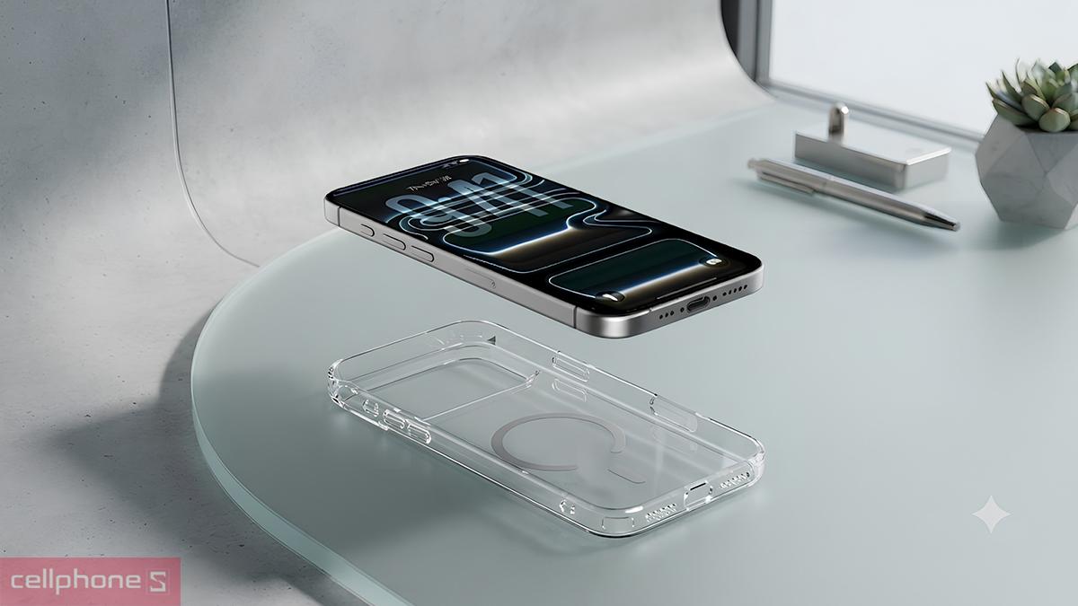 Ốp lưng iPhone 18 Pro17 Pro Mipow Button Control Tempered Glass With Magsafe Transparent tích hợp nam châm, hỗ trợ sạc MagSafe ổn định