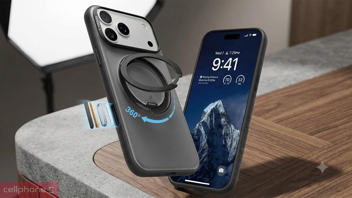 Ốp lưng iPhone 18 Pro/17 Pro Torras O3 Neo with MagSafe sở hữu vòng giá đỡ OStand kim loại xoay 360°