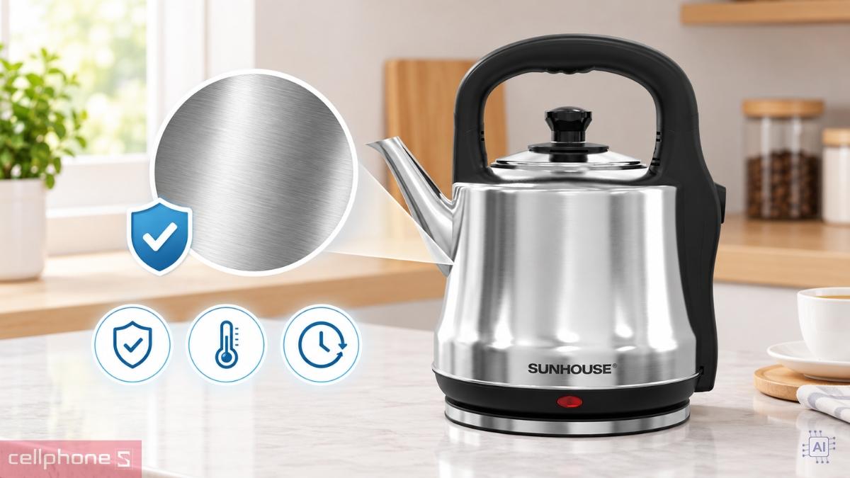 Ấm siêu tốc Inox 5L Sunhouse SHD1403 được làm từ chất liệu inox an toàn cho sức khỏe