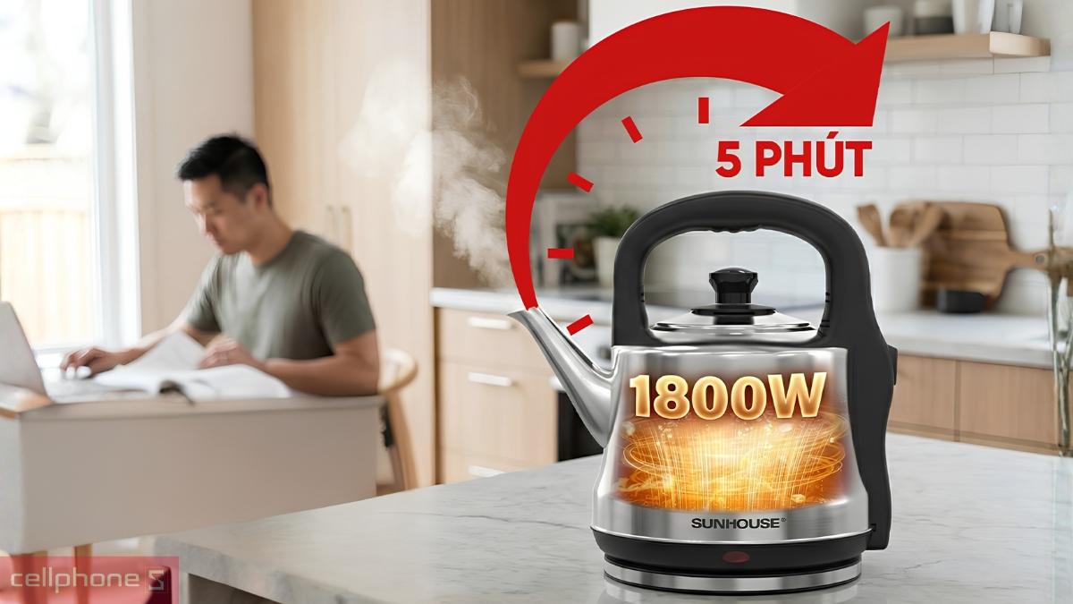Ấm siêu tốc Inox 5L Sunhouse SHD1403 có công suất 1800W