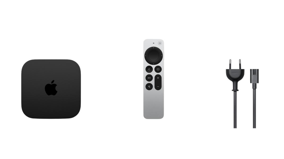 Bộ sản phẩm Apple TV 2026 4K 128GB gồm thiết bị, điều khiển và dây nguồn