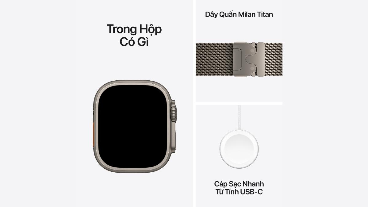Bộ phụ kiện đi kèm trong hộp Apple Watch Ultra 4 49mm (5G) Viền Titan Dây Titan