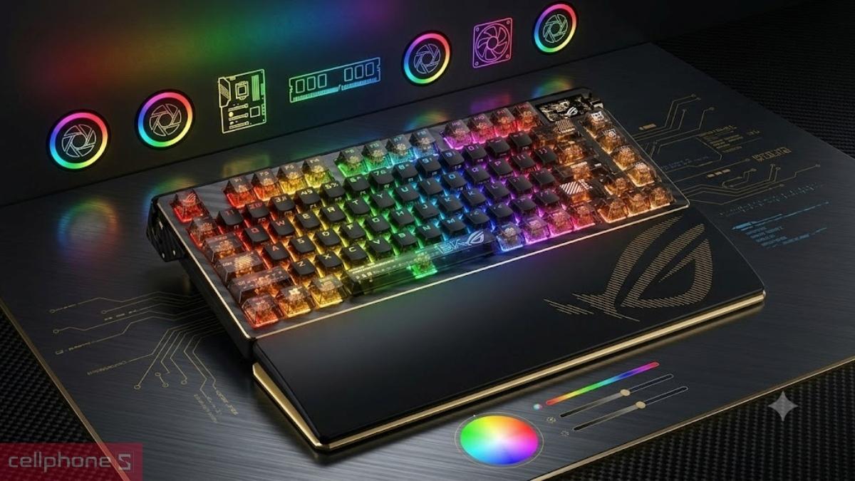 Bàn phím cơ Asus ROG Azoth Extreme Edition 20 sở hữu đèn RGB đồng bộ AURA giúp điều chỉnh ánh sáng tiện lợi