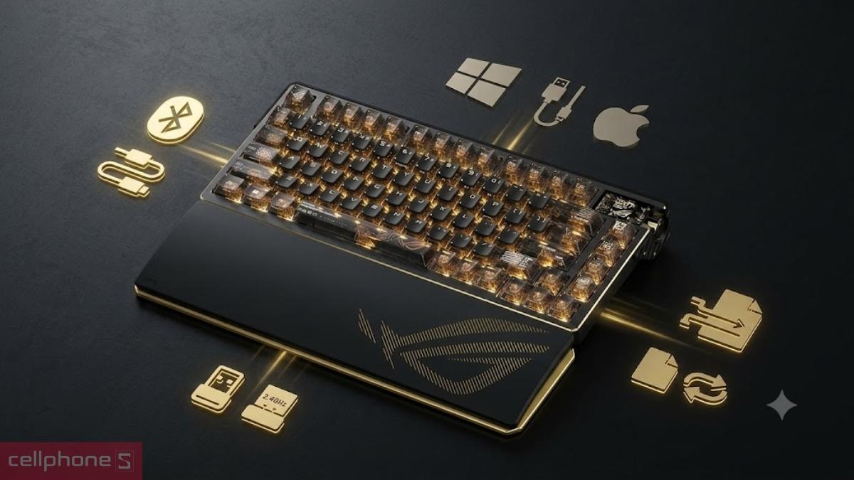 Bàn phím cơ Asus ROG Azoth Extreme Edition 20 với 3 phương thức kết nối và tương thích với  Windows và macOS