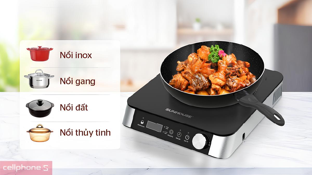Bếp hồng ngoại 2 vòng nhiệt Sunhouse SHD6024 dùng được với nồi inox, gang, đất, thủy tinh