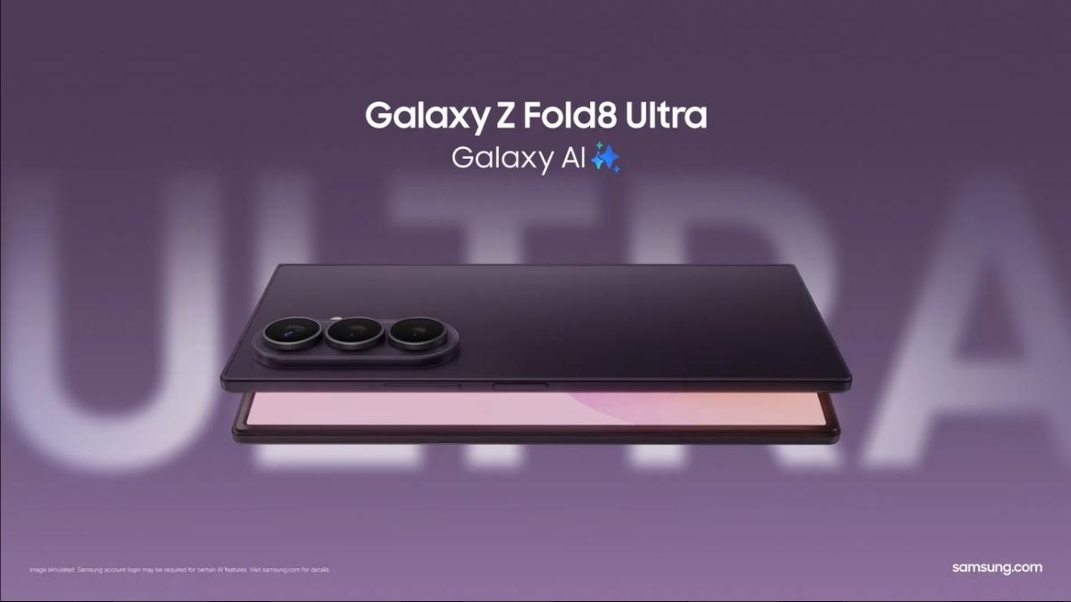 Samsung Galaxy Z Fold 8 Ultra với thiết kế mỏng, khung viền vuông và màu Tím Shadow