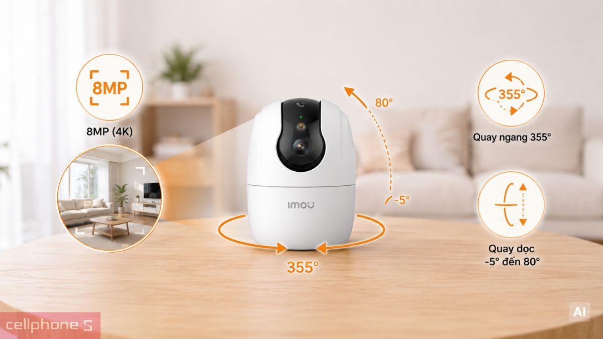 Ghi hình 8MP và quay quét 355° linh hoạt