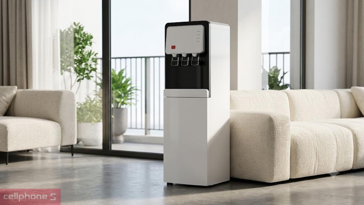 Cây nước nóng lạnh hút bình Hòa Phát HHC363 sở hữu thiết kế tối giản với khung tủ trắng và  nhựa ABS bền bỉ