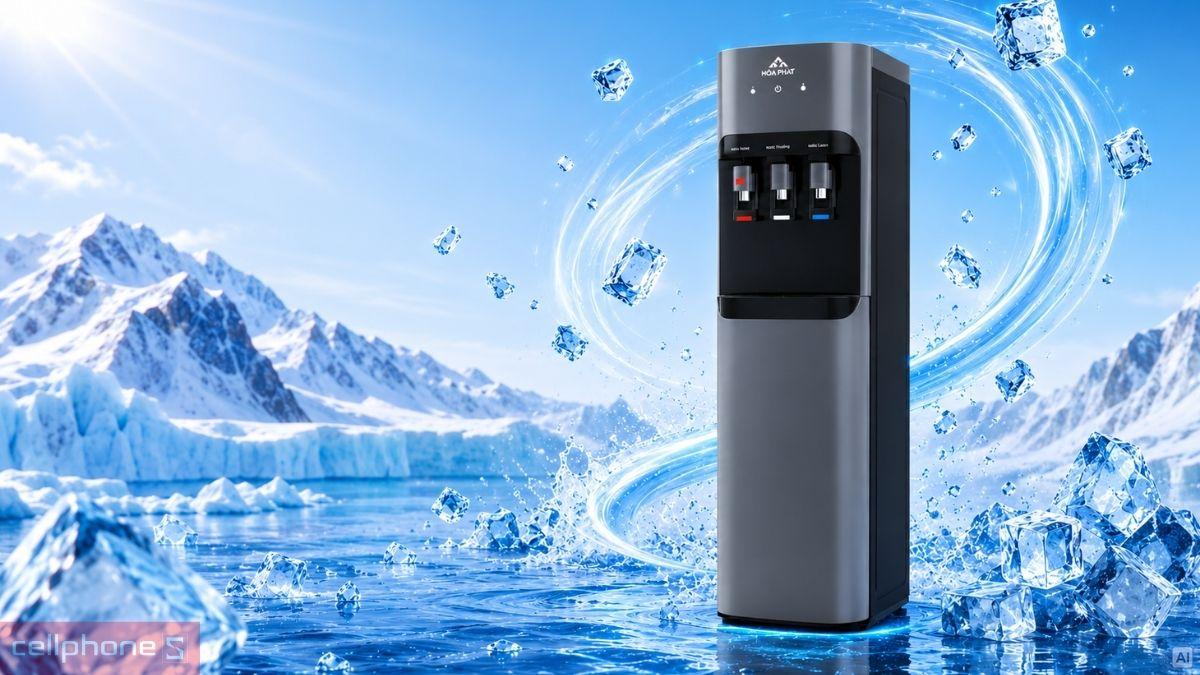 Gia đình dùng cây nước nóng lạnh hút bình Hoà Phát HHC366