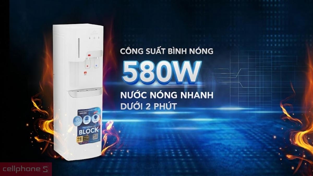 Chế độ làm nóng 580W với cây nước nóng lạnh hút bình Hòa Phát HHC386