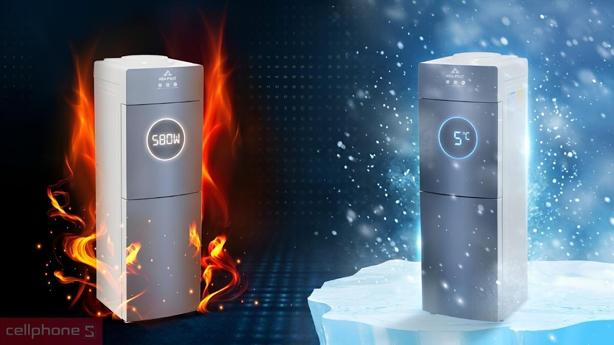 Cây nước nóng lạnh úp bình Hòa Phát HTL258 có công suất làm nóng 580W và làm lạnh sâu 5°C