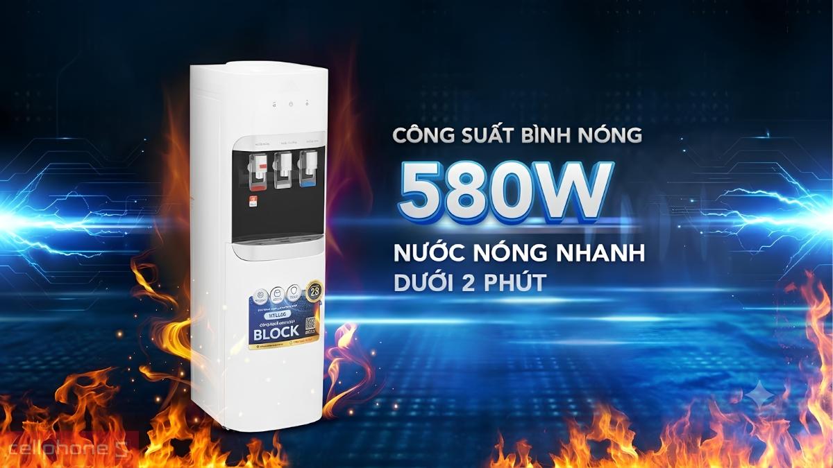 Cây nước nóng lạnh úp bình Hòa Phát HTL266 có công suất bình nóng đến 580W, dung tích bình lạnh 3,3 lít