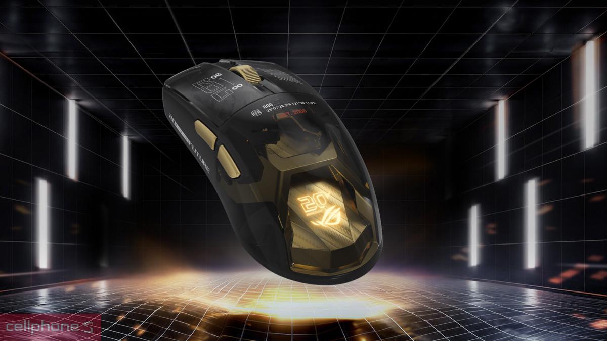 Chuột không dây Asus ROG Harpe II Extreme Edition 20 có trọng lượng 82g, nổi bật với chi tiết mạ vàng 24K
