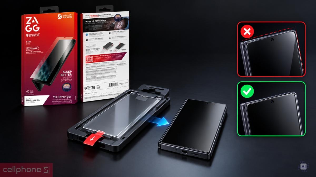 Dán kính cường lực màn hình Samsung Galaxy Z Fold 8 ZAGG InvisibleShield Glass XTR5 không viền có khay hỗ trợ dán chuẩn xác