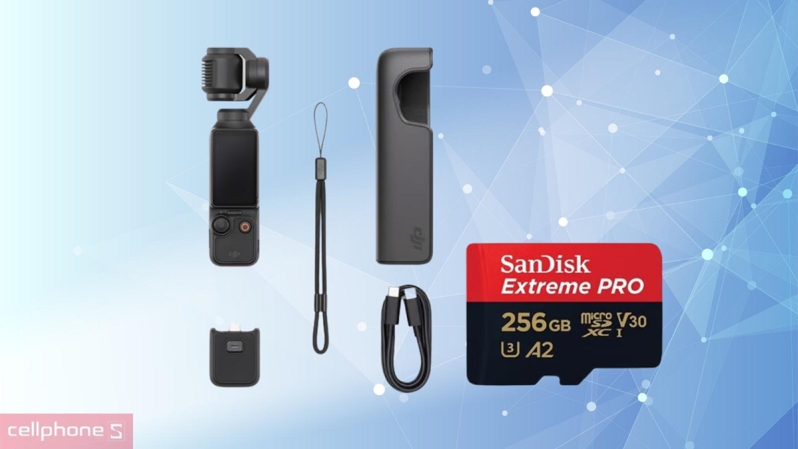Bộ phụ kiện đi kèm của DJI Osmo Pocket 3 Standard Combo kèm thẻ nhớ MicroSD Sandisk Creator 128GB
