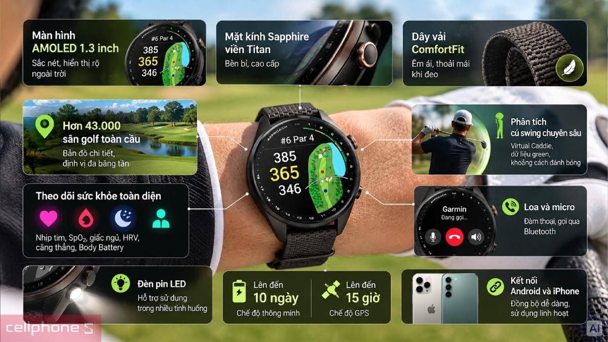 Đồng hồ thông minh Garmin Approach S72 43mm với màn hình AMOLED 1.3 inch, mặt kính Sapphire và viền titan
