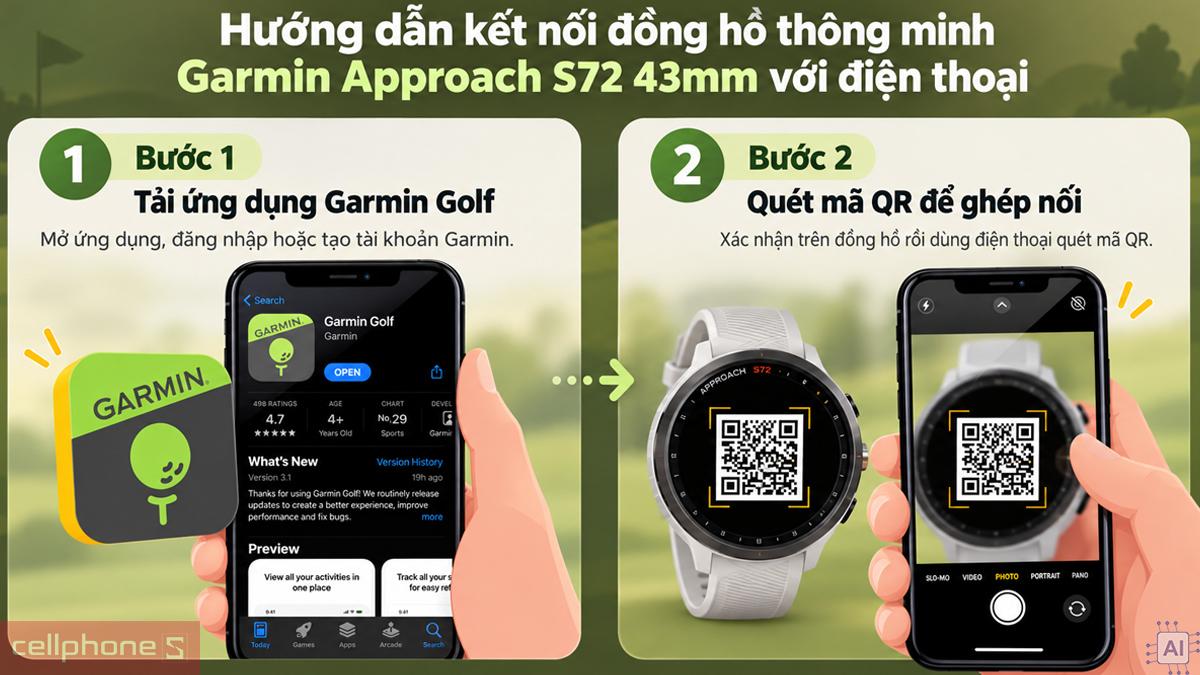 Đồng hồ thông minh Garmin Approach S72 43mm kết nối với điện thoại qua ứng dụng Garmin Golf
