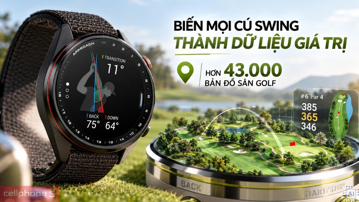 Đồng hồ thông minh Garmin Approach S72 43mm tích hợp bản đồ hơn 43.000 sân golf, PlaysLike Distance và Virtual Caddie