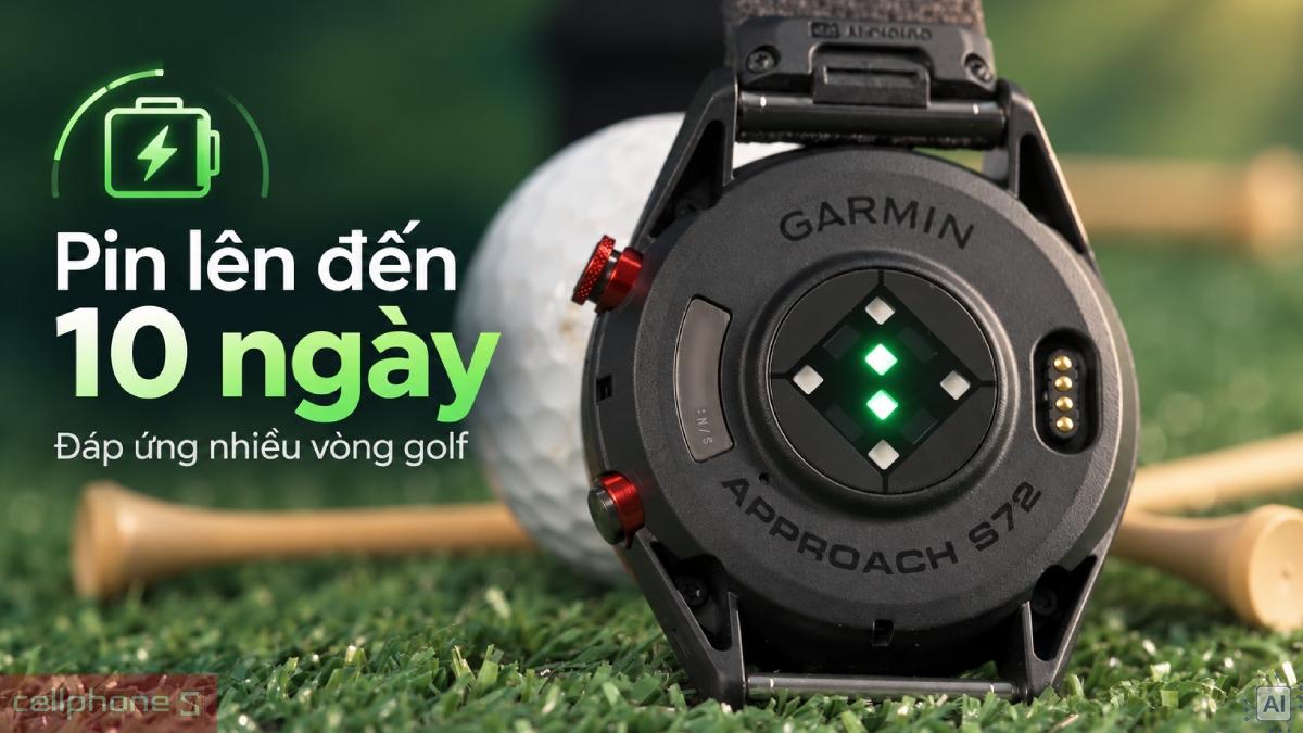 Đồng hồ thông minh Garmin Approach S72 43mm cho thời lượng pin lên đến 10 ngày và tối đa 15 giờ ở chế độ golf GPS