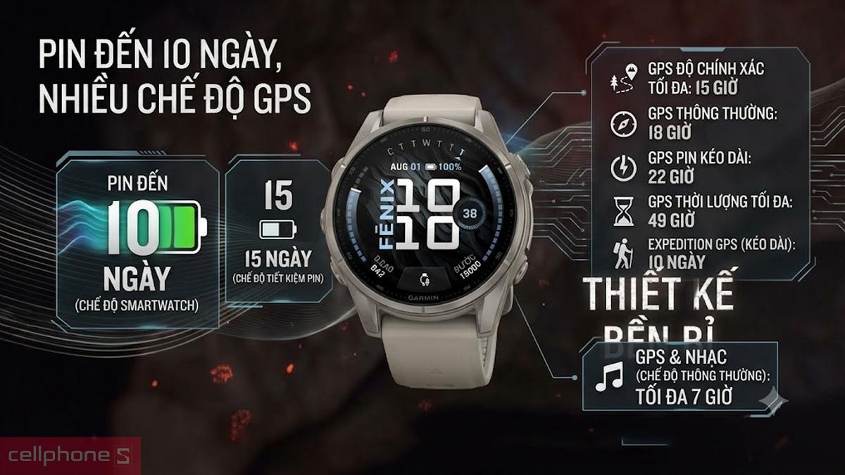 Thời lượng pin bền bỉ của đồng hồ thông minh Garmin Fenix 9 43mm