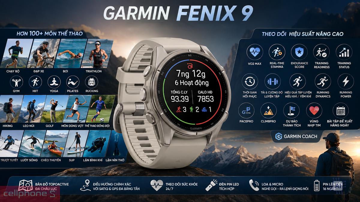 Đồng hồ Garmin Fenix 9 với nhiều tính năng luyện tập và theo dõi sức khỏe