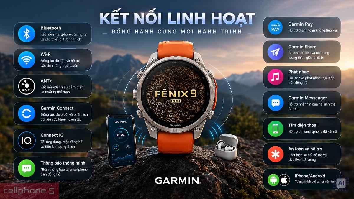 Garmin Fenix 9 Pro với nhiều chuẩn kết nối và tiện ích thông minh
