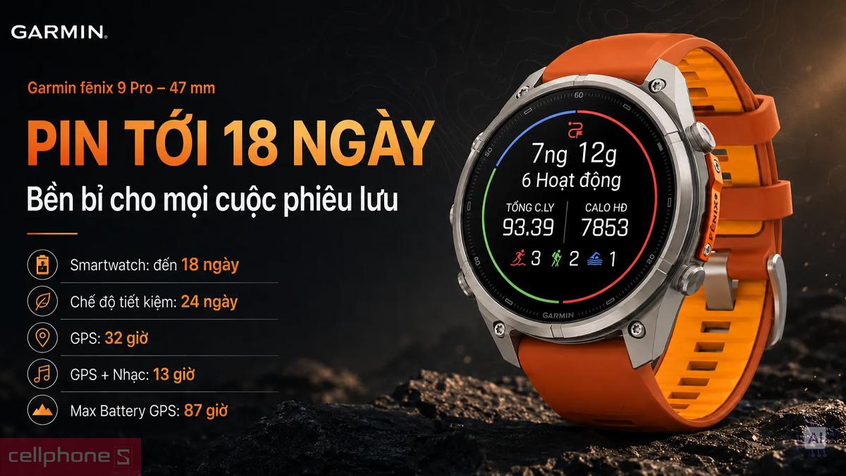 Garmin Fenix 9 Pro với thời lượng pin dài cho hoạt động liền mạch
