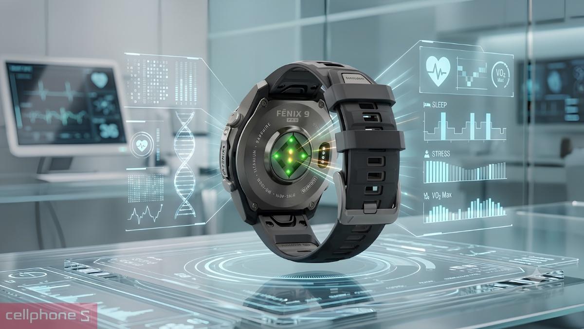 Cảm biến hỗ trợ theo dõi sức khỏe của đồng hồ thông minh Garmin Fenix 9 Pro viền Titanium xám Carbon