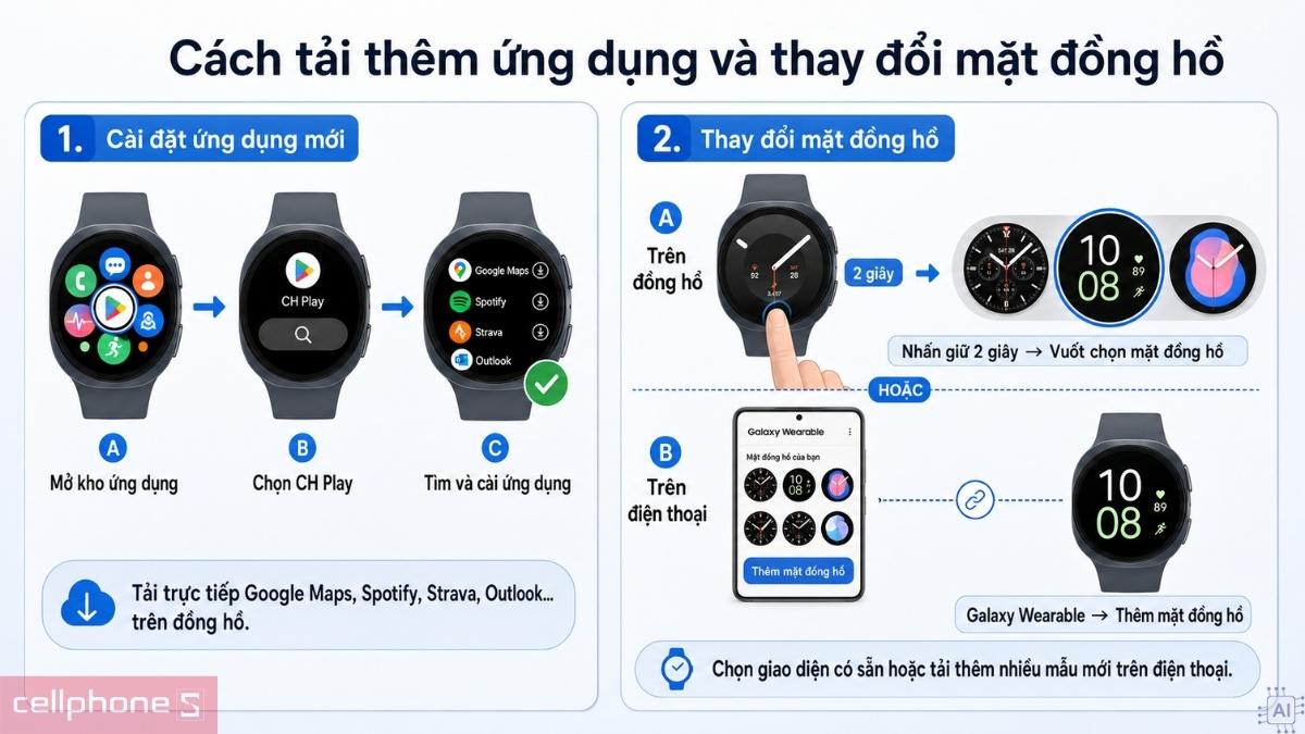 Infographic hướng dẫn cài ứng dụng và thay đổi mặt đồng hồ Galaxy Watch 9