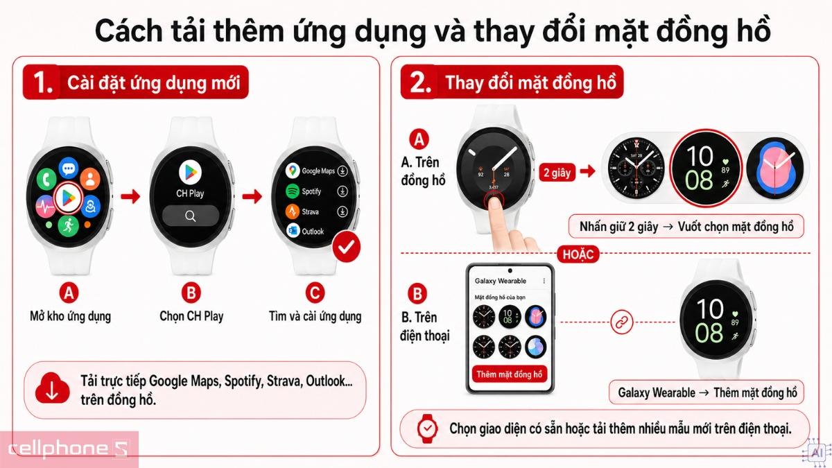 Giao diện theo dõi sức khỏe và Galaxy AI trên Samsung Galaxy Watch 9 LTE