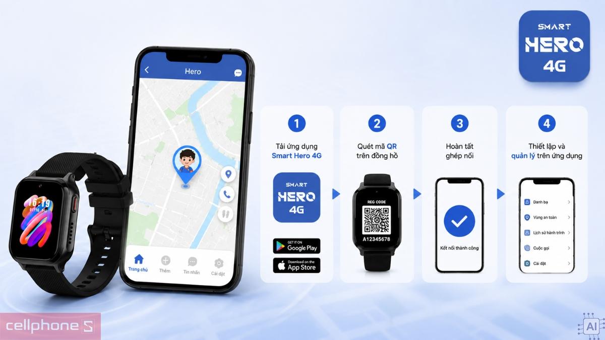 Kết nối ứng dụng quản lý với đồng hồ thông minh trẻ em Masstel Smart Hero Air Đen
