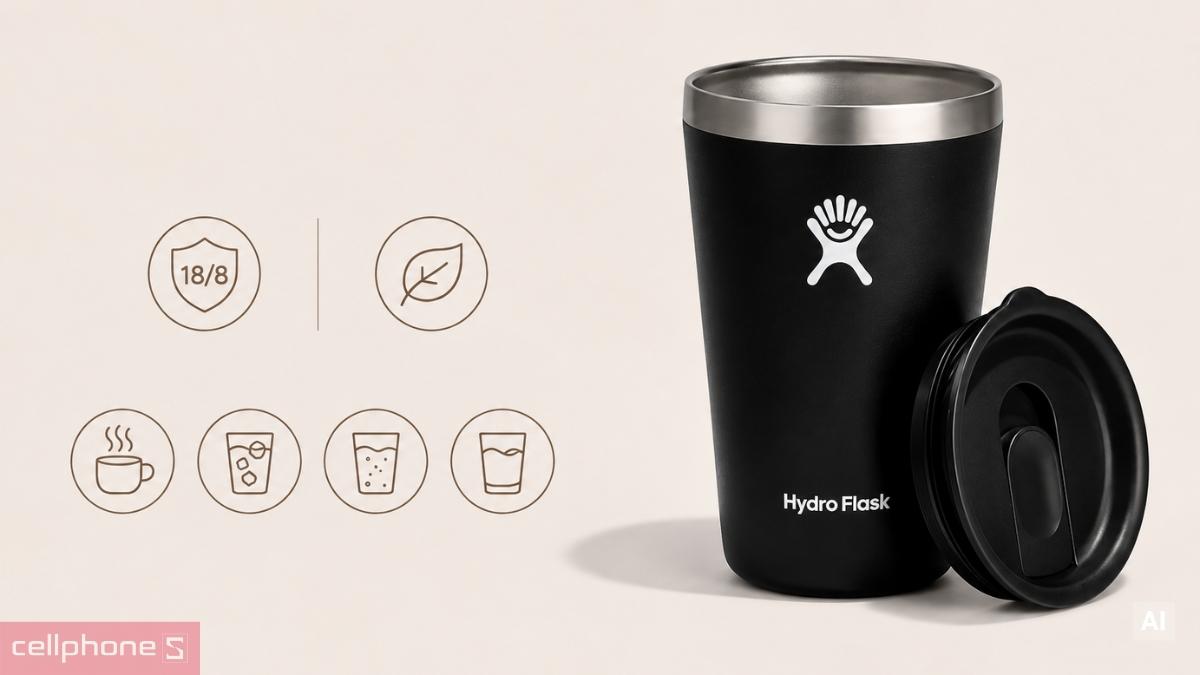Chất liệu thép không gỉ của Ly giữ nhiệt Hydro Flask All Around Tumbler Press-In Lid 354ml T12CPB