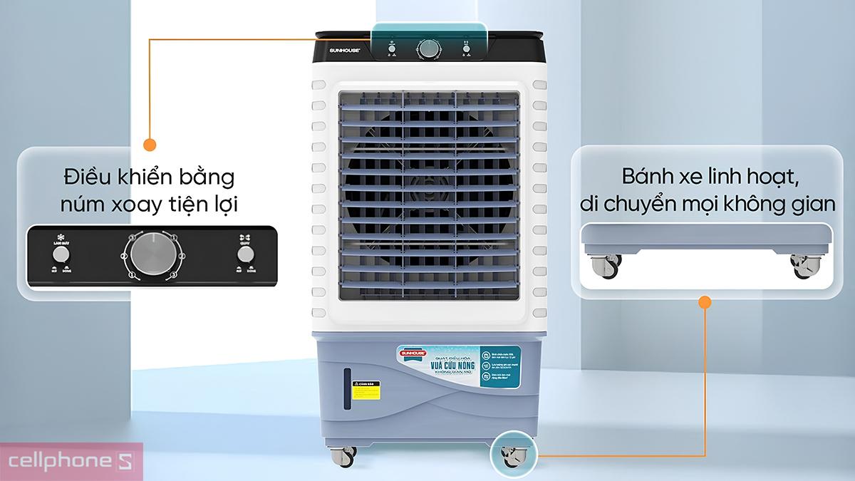 Đế máy làm mát không khí Sunhouse SHD7789 có 4 bánh xe lớn, tăng tính cơ động