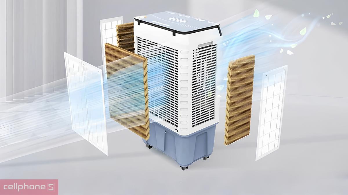 Máy làm mát không khí Sunhouse SHD7789 dùng 3 tấm cooling pad hỗ trợ quá trình bay hơi nước