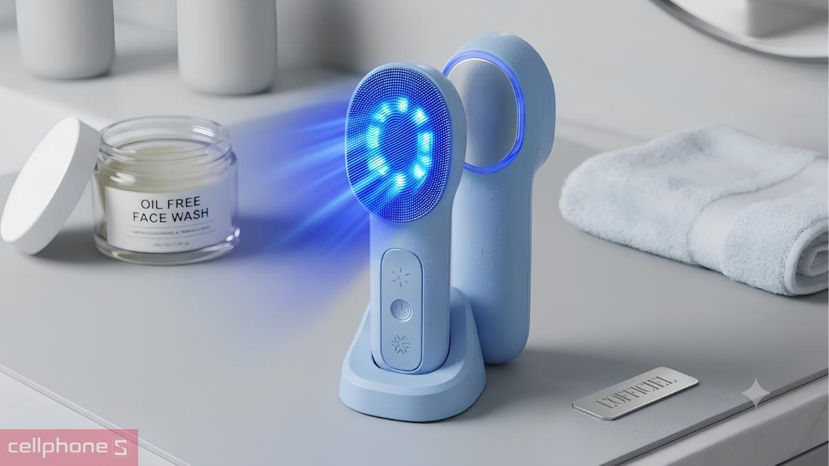 Máy rửa mặt Emmié đa năng Sonic Radiant 5-in-1 Beauty Device phù hợp cho những người có da bị mụn nhờ đèn LED xanh kháng khuẩn