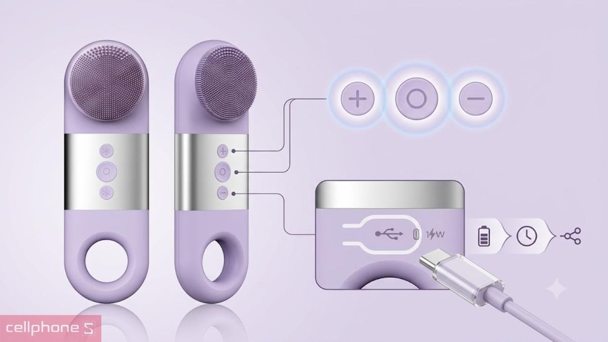 Máy rửa mặt Emmié đa năng Sonic Radiant 5-in-1 Beauty Device Deluxe Silver Edition dùng nút bấm và cổng sạc Type-C