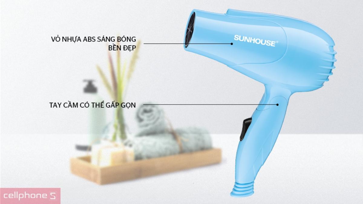 Vỏ máy sấy tóc Sunhouse SHD2305 làm bằng nhựa ABS sáng bóng, tay cầm gấp gọn