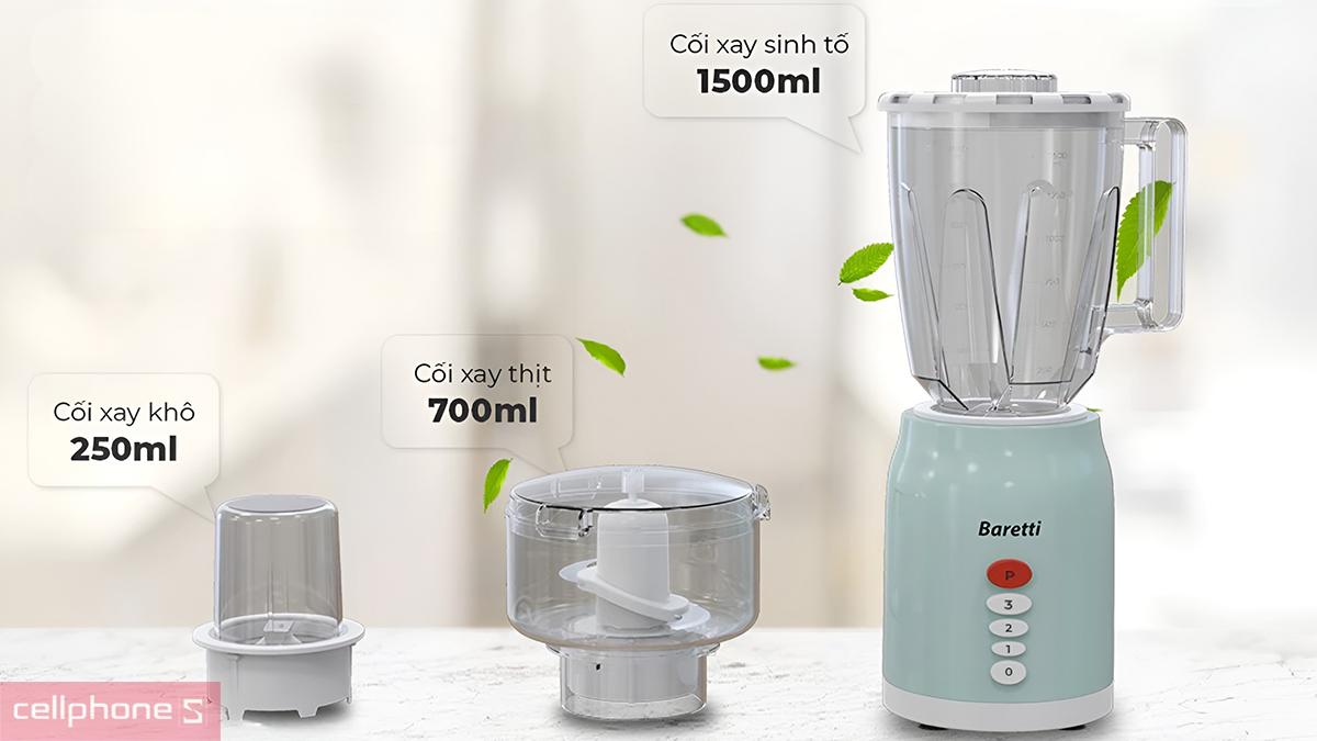 Máy xay sinh tố đa năng Baretti BRD525 có công suất 350W, đi kèm 3 cối với dung tích khác nhau