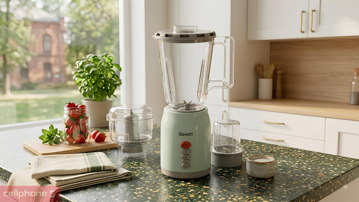 Phần vỏ và cối của máy xay sinh tố đa năng Baretti BRD525 đều được làm từ chất liệu nhựa cao cấp
