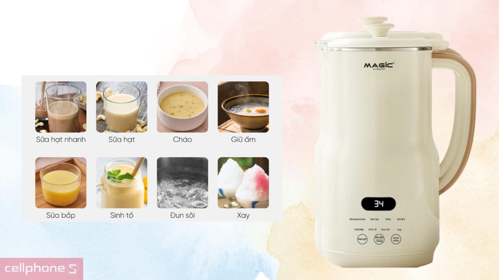 Bảng chọn 8 chế độ nấu tự động trên máy xay sữa hạt Magic A-99
