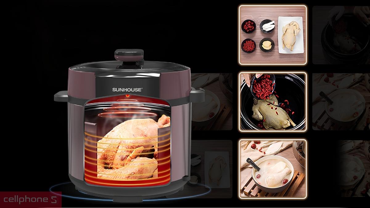 Nồi áp suất điện Sunhouse SHD1657 hoạt động với công suất lớn lên đến 1000W