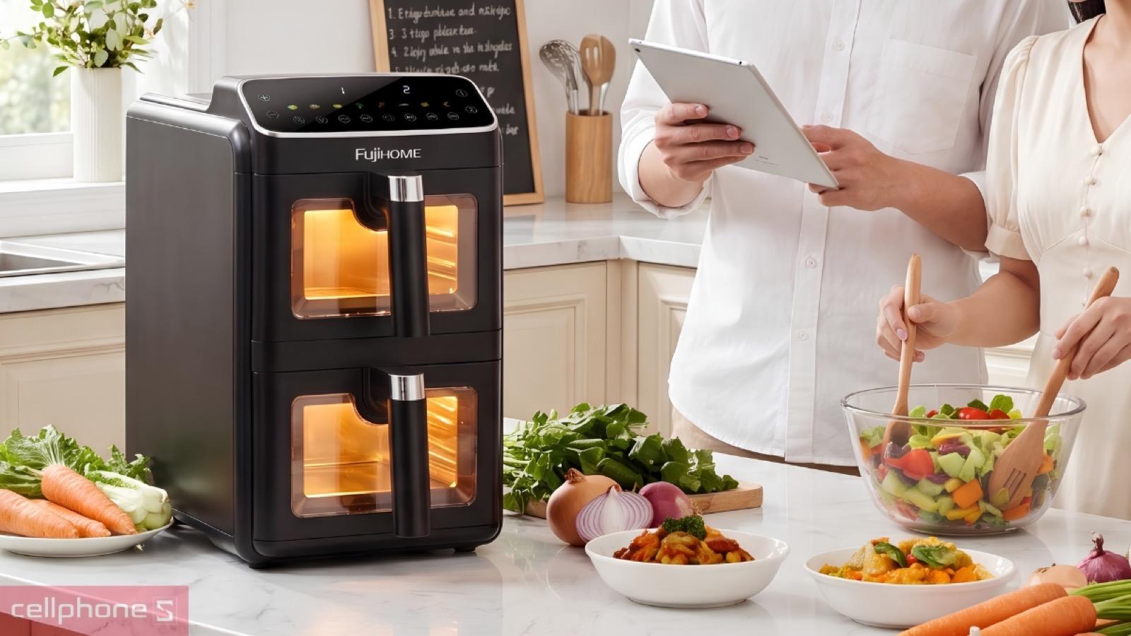 Cửa kính trong suốt và chất liệu bền chắc của nồi chiên không dầu Fujihome A10DG-DUAL